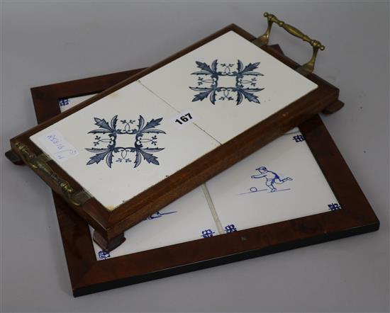 A set of four framed 18th century Dutch Delft tiles and two later tiles as a tray